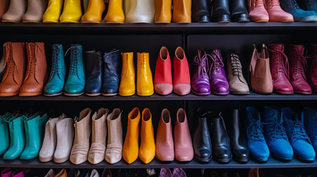 A vibrant image of a woman fashion collection featuring a range of stylish shoes, including boots, heels, and sneakers, displayed in an organized closet.の素材