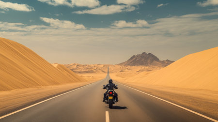 A wide-angle view of a lone motorcyclist cruising along a desert highway, with endless sand dunes and open sky stretching into the distance.の素材