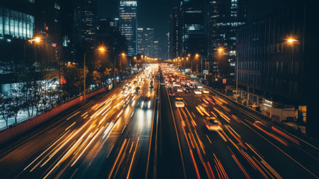 A wide-angle view of a bustling expressway at night, with illuminated streetlights and traffic flowing smoothly, showcasing the city vibrant nightlife.の素材