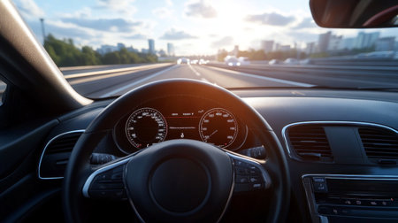 A view from inside a car, capturing the road ahead on a highway with the dashboard and steering wheel in focus, showcasing the driving experience.の素材