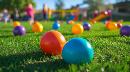 A vibrant scene of colorful playground balls scattered on the grass, with children playing in the background, capturing a fun and energetic atmosphere.の素材