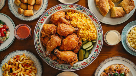 A vibrant image of a family-style dinner table with a large bowl of fried chicken, accompanied by various sides like cornbread, mac and cheese, and pickles.の素材