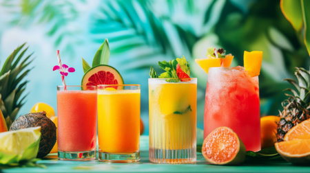 A vibrant image of a tropical drink bar with various juices, including served in clear glasses with colorful garnishes, set against a lively, beach-themed backdrop.の素材