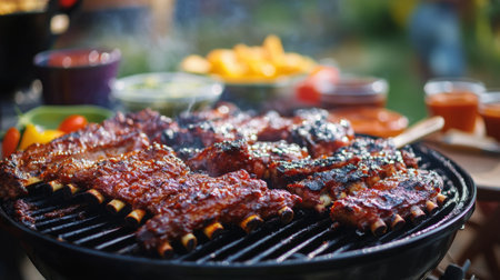 A vibrant outdoor barbecue scene with pork ribs sizzling on the grill, surrounded by a variety of sauces and side dishes, capturing the essence of a summer cookout.の素材
