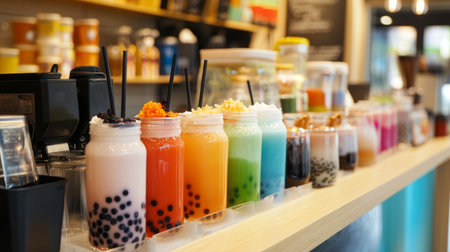 A vibrant shot of a bubble tea shop counter with a selection of bubble tea drinks, toppings, and syrups, showcasing a busy and livelyの素材