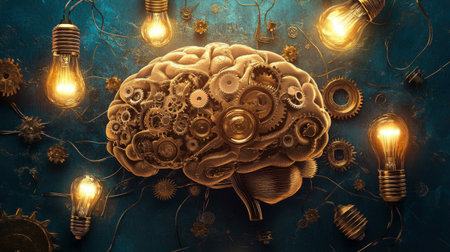 An abstract representation of a brain with interconnected gears and light bulbs, visually illustrating the complexity and flow of innovative ideas.の素材
