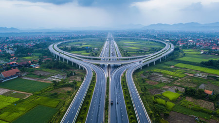 An aerial shot of a multi-lane expressway surrounded by green fields and urban development, highlighting the infrastructure and transportation network.の素材