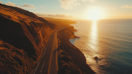 An aerial shot of a stunning coastal road with sweeping ocean views, dramatic cliffs, and the sun setting on the horizon, casting a golden glow.の素材