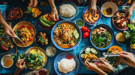 A vibrant photo of a family meal featuring in the center of the table, surrounded by various Thai dishes and family members enjoying the meal together.の素材