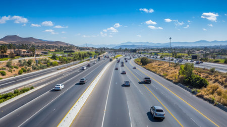 A wide-angle view of a busy highway with multiple lanes and vehicles in motion, showcasing the smooth flow of traffic under a clear blue sky.の素材