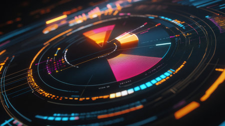 An animated 3D pie chart with segments rotating to display different data points, set against a tech-savvy digital screen background to emphasize interactivity.の素材