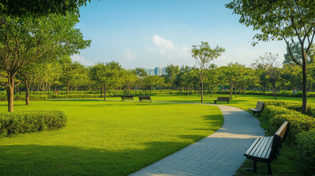A peaceful park scene with expansive grass fields, benches, and walking paths, providing a relaxing and picturesque outdoor setting.の素材