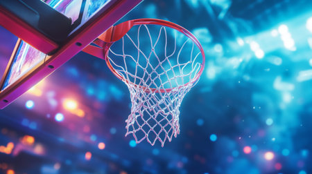 A high-resolution image of a basketball soaring through the hoop, with the net swishing and a vibrant court backdrop, capturing the excitement of the game.の素材