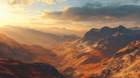 A dramatic sunrise over high mountain ranges, with the first light casting long shadows and illuminating the rugged peaks and valleys in warm hues.の素材