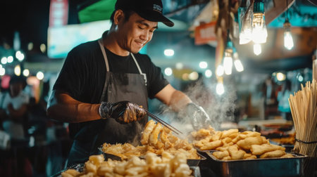 A lively image of a street food vendor preparing in a bustling market, showcasing the frying process and the vibrant atmosphere of Thai street food cultureの素材