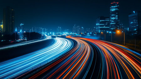 A nighttime shot of a highway with bright city lights and light trails from passing cars, creating a dynamic and vibrant urban scene.の素材