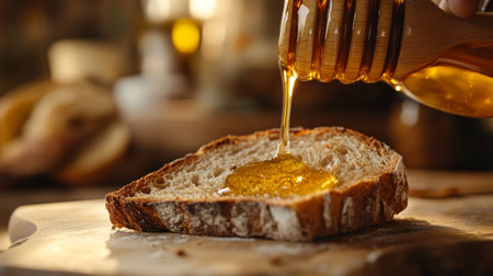 A slice of warm, crusty bread being drizzled with honey, with the golden liquid flowing and a rustic kitchen setting in the background to enhance the cozy feel.の素材