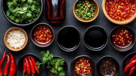 A top-down view of a table filled with chili sauce bottles, soy sauce, and fish sauce, arranged neatly with bowls of fresh chopped chilies on the side.の素材