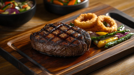 A rustic wooden table set with a hearty steak dinner, including a perfectly grilled ribeye, seasonal vegetables, and a side of crispy onion rings.の素材
