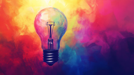A vibrant image of a light bulb with colorful rays extending outward, symbolizing a burst of creative ideas and inspiration in a visually engaging way.の素材