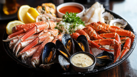 A vibrant seafood platter featuring a variety of fresh items, including shrimp, crab legs, mussels, and oysters, elegantly arranged with lemon wedges and dipping sauces.の素材