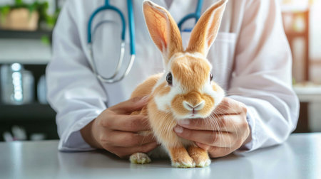 A veterinarian performing a routine check-up on a rabbit, with the animal comfortably held in the vet hands and a bright, clean clinic environment in the background.の素材
