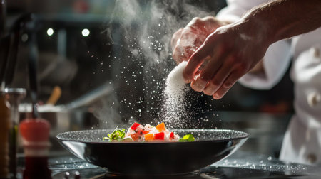 A vibrant image of a chef hands adding cooking salt to a dish in a professional kitchen, with a focus on the precision and technique involved.の素材