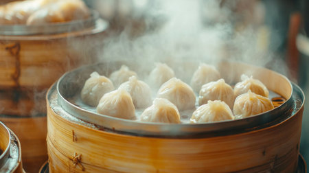 A vibrant close-up of a bamboo steamer filled with steaming (dim sum) and (bao buns), showcasing their delicate textures and savory fillings.の素材