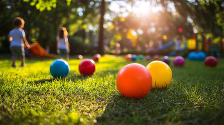 A vibrant scene of colorful playground balls scattered on the grass, with children playing in the background, capturing a fun and energetic atmosphere.の素材