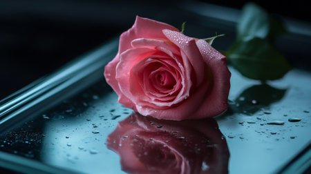 A romantic composition of a single pink rose placed on a glass surface, the water droplets on the petals mirrored by tiny reflections on the glass.の素材