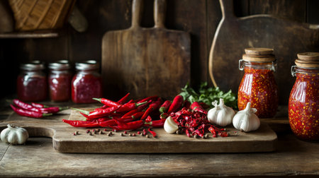 A rustic kitchen setting with fresh red chilies, garlic, and shallots arranged on a chopping board, next to jars of chili paste and seasoning sauces.の素材