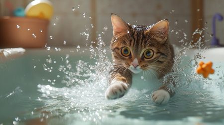 A playful scene of a cat chasing and pouncing on water droplets in a bathtub, with a splashy, fun atmosphere and a few toys scattered around.の素材