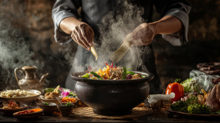 An artistic image of a chef serving a hot pot from a traditional Thai clay pot, with aromatic steam rising and fresh ingredients visibleの素材