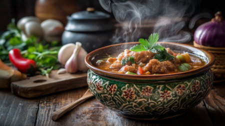 An artistic shot of a steaming bowl of placed on a rustic wooden table, with a background of Thai kitchen utensils and ingredients for a cozy, authentic feel.の素材