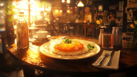 An artistic image of omurice being enjoyed at a cozy diner, with the dish placed on a wooden table surrounded by casual dining elements and soft lighting.の素材