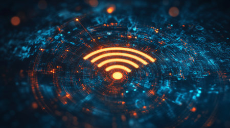 An artistic representation of a Wi-Fi symbol composed of digital elements and glowing lines, set against a futuristic background to signify advanced technology.の素材