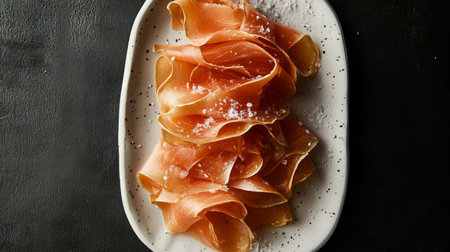 An artistic shot of a bunch of peeled arranged neatly on a white plate with a sprinkle of salt, highlighting their delicate layers and vibrant color.の素材