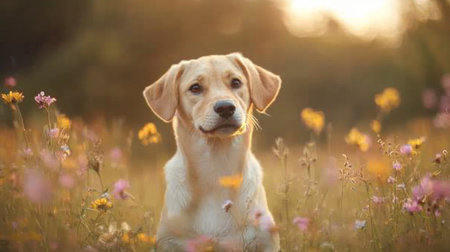 An artistic shot of a cute dog with floppy ears, sitting in a field of wildflowers, with a soft-focus background that accentuates its charm and innocence.の素材