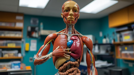 An educational scene featuring a human body mannequin with removable organs, used for teaching purposes in a classroom or medical training environment.の素材
