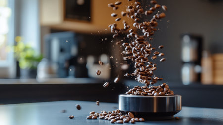 An artistic shot of coffee beans being poured into a grinder, captured mid-motion with the beans frozen in the air, contrasting against a modern kitchen backdrop.の素材