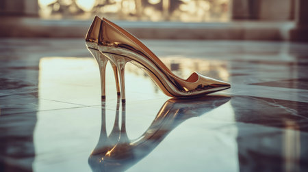 An artistic shot of a pair of luxury designer pumps on a polished marble floor, with dramatic lighting and a sophisticated backdrop.の素材