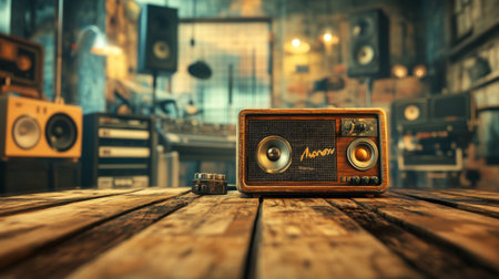 An artistic shot of a vintage with a retro design, set on a wooden table with a blurred background of a music studio and recording equipment.の素材