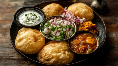 An elegant presentation of a plate of Indian street food, such as chaat, with a mix of crispy puris, tangy tamarind sauce, yogurt, and fresh onions.の素材