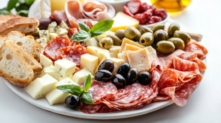 An assortment of Italian antipasti, including olives, cheeses, and cured meats, beautifully arranged on a platter with fresh bread and a clean, neutral background.の素材