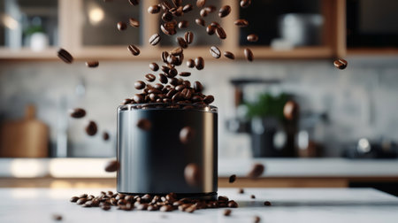An artistic shot of coffee beans being poured into a grinder, captured mid-motion with the beans frozen in the air, contrasting against a modern kitchen backdrop.の素材