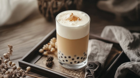 An elegant setup featuring a bubble tea drink with a layer of creamy foam on top, placed on a stylish tray with some decorative elements and a napkinの素材