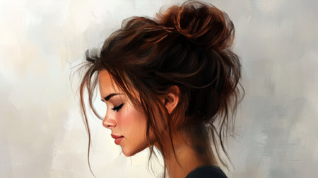 An artistic view of a woman with a messy bun hairstyle, with loose strands and a relaxed, casual vibe, perfect for a laid-back or everyday lookの素材