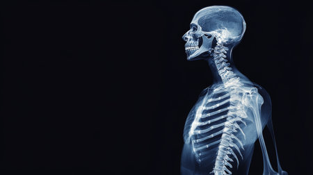 An artistic view of a full-body X-ray image with a focus on the skeletal system, capturing the entire human skeleton in a detailed and informative manner.の素材