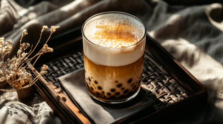 An elegant setup featuring a bubble tea drink with a layer of creamy foam on top, placed on a stylish tray with some decorative elements and a napkinの素材