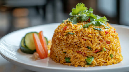 An artistic view of curry fried rice plated elegantly on a white dish, with a sprinkle of fresh cilantro and a side of pickled vegetables for added visual appeal.の素材